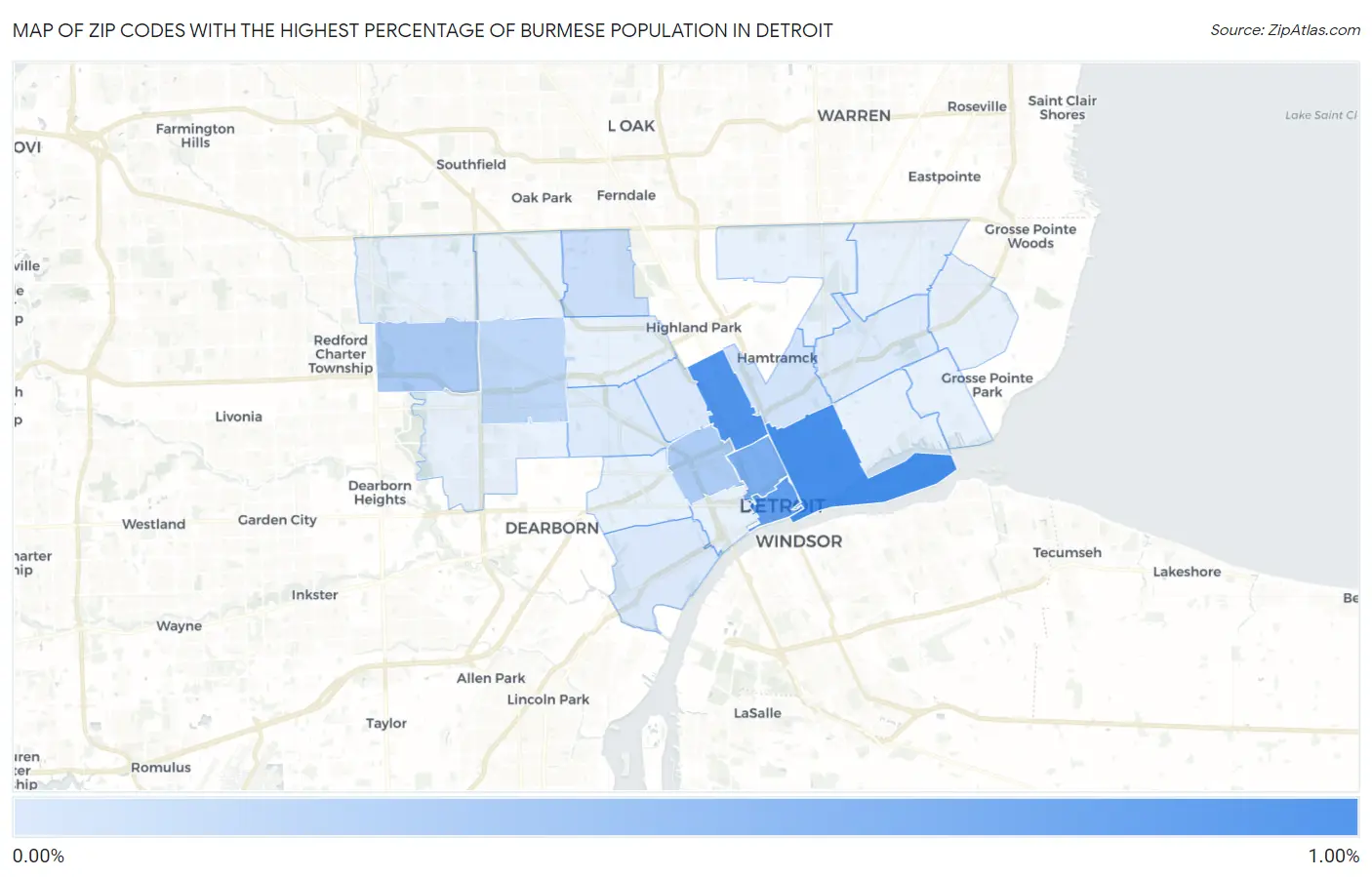 Zip Codes with the Highest Percentage of Burmese Population in Detroit Map