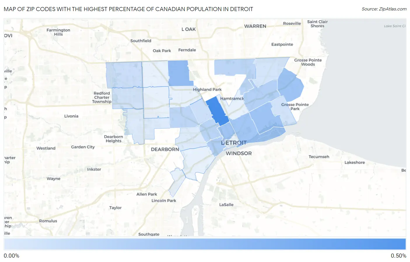Zip Codes with the Highest Percentage of Canadian Population in Detroit Map