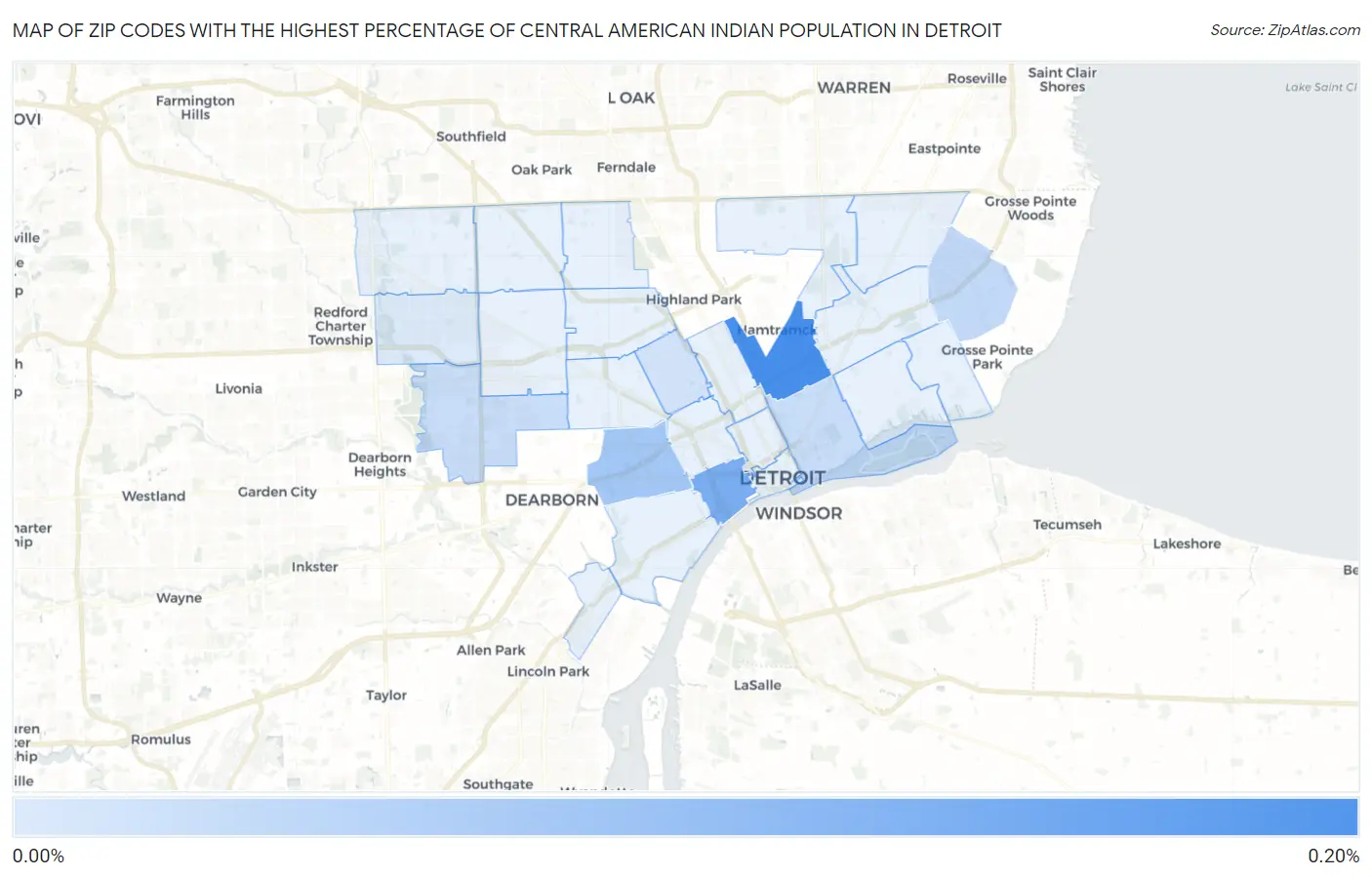 Zip Codes with the Highest Percentage of Central American Indian Population in Detroit Map