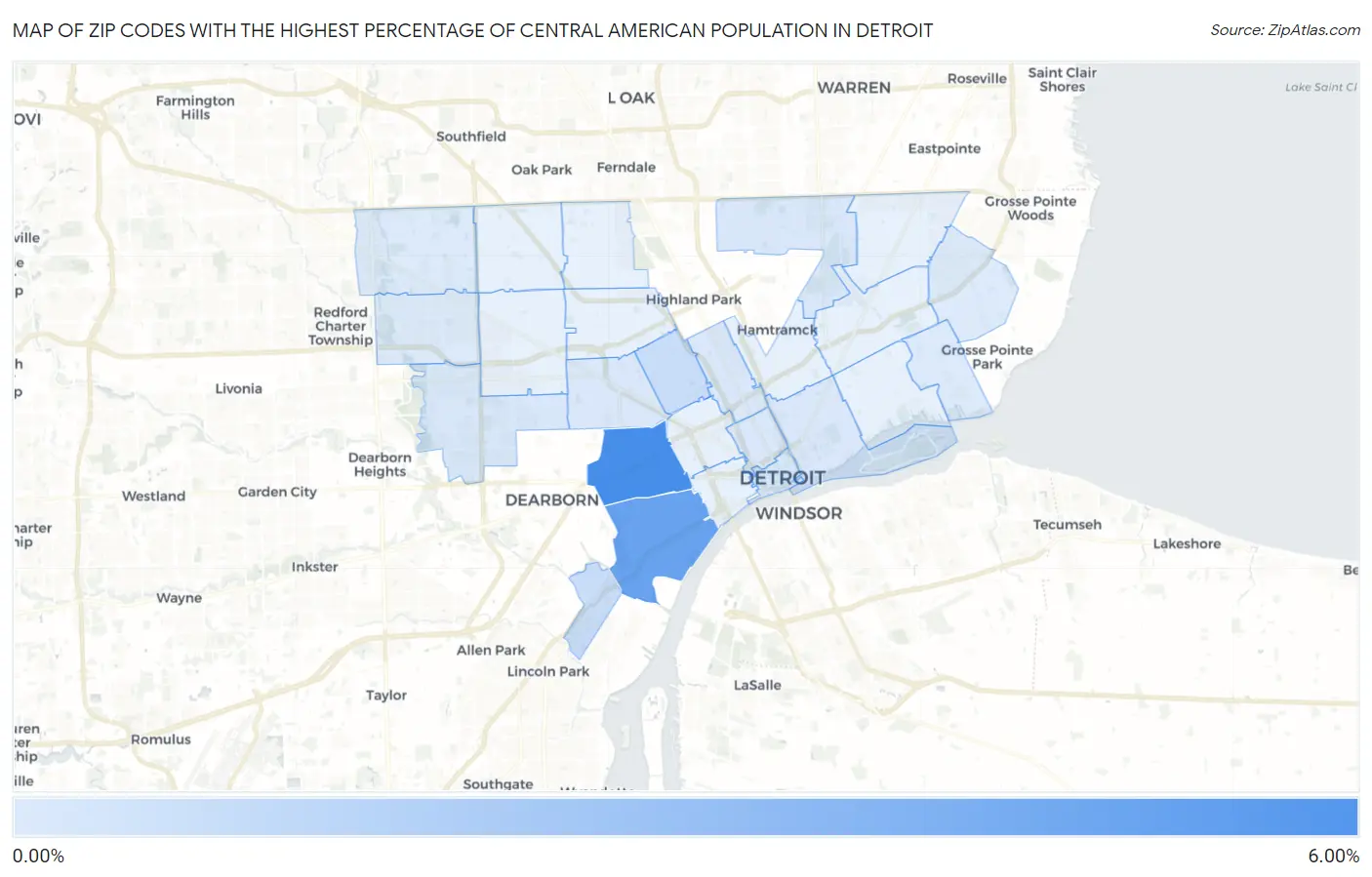 Zip Codes with the Highest Percentage of Central American Population in Detroit Map