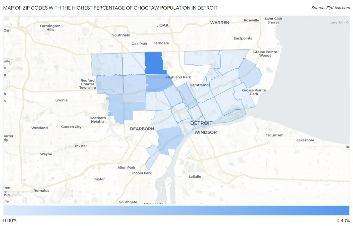 Zip Codes with the Highest Percentage of Choctaw Population in Detroit Map