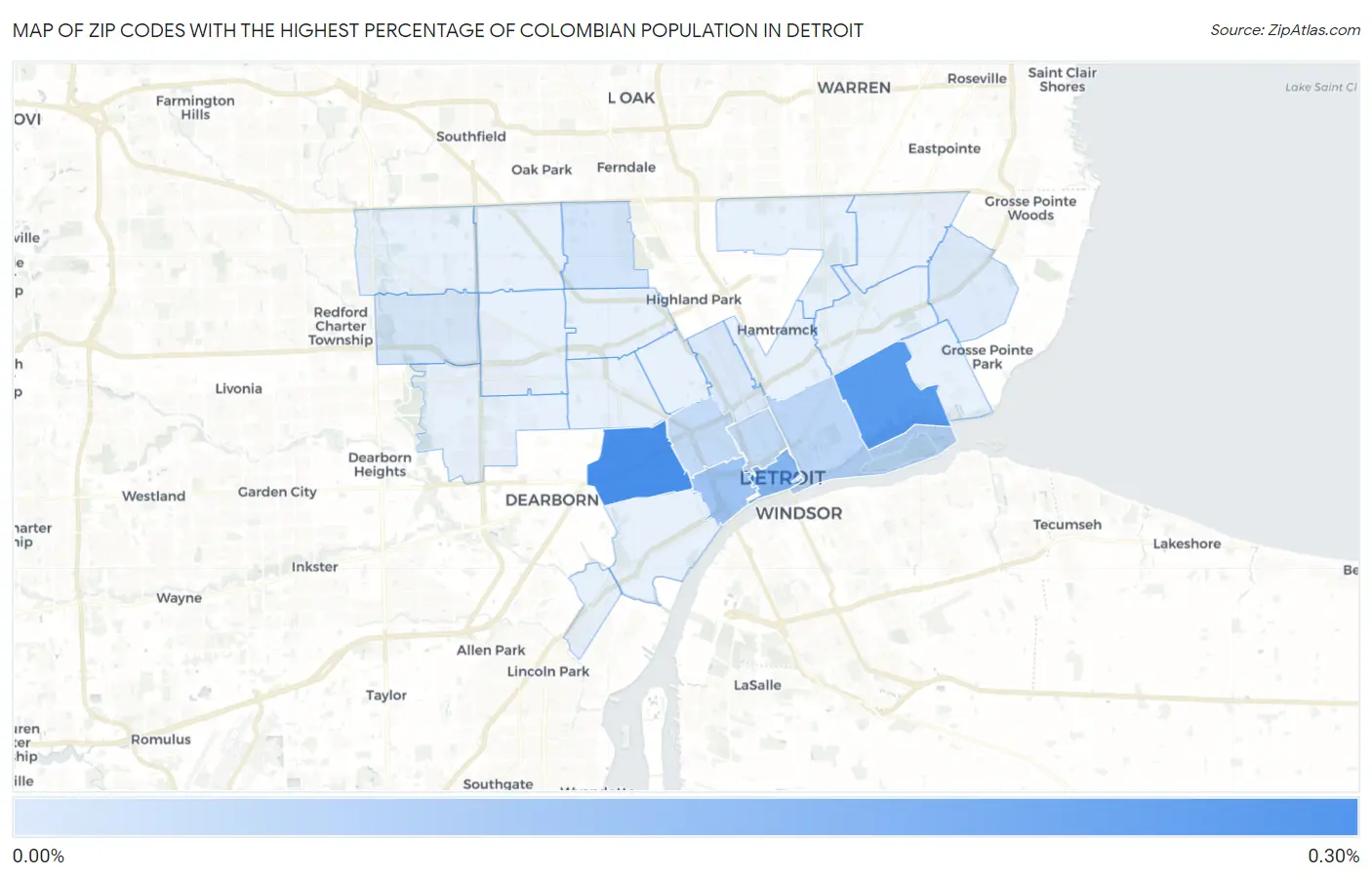 Zip Codes with the Highest Percentage of Colombian Population in Detroit Map