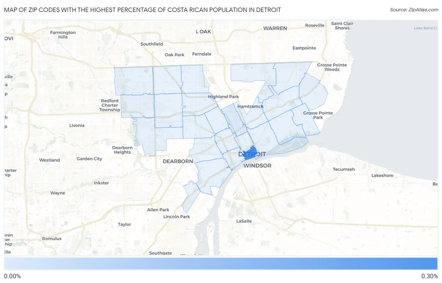 Zip Codes with the Highest Percentage of Costa Rican Population in Detroit Map