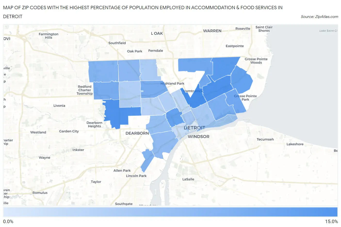 Zip Codes with the Highest Percentage of Population Employed in Accommodation & Food Services in Detroit Map