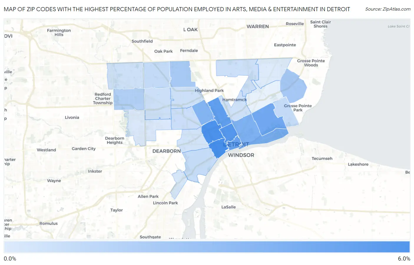 Zip Codes with the Highest Percentage of Population Employed in Arts, Media & Entertainment in Detroit Map