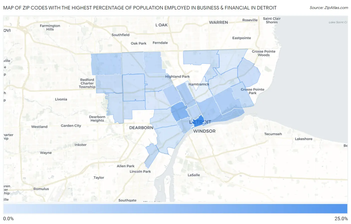 Zip Codes with the Highest Percentage of Population Employed in Business & Financial in Detroit Map