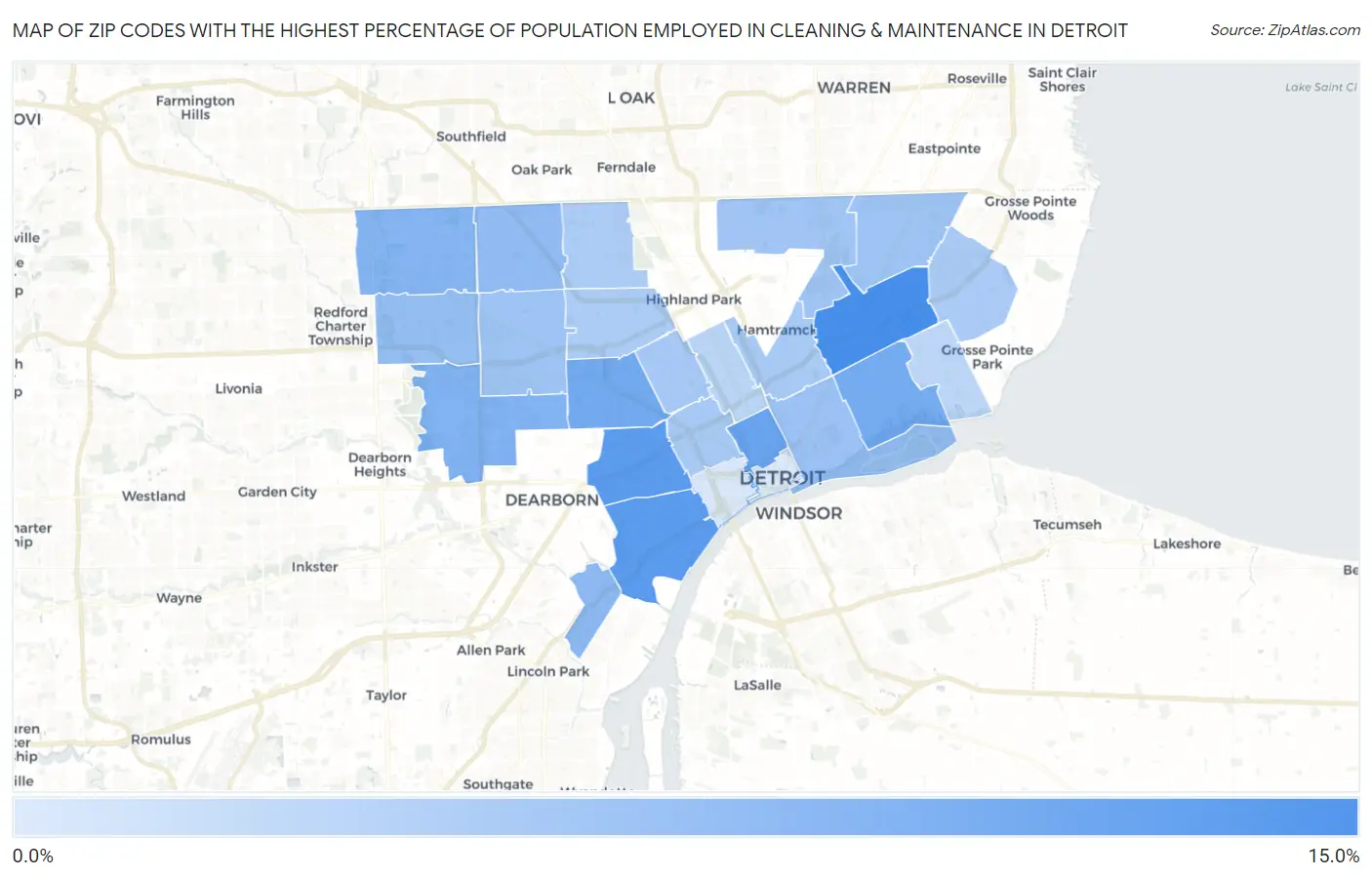 Zip Codes with the Highest Percentage of Population Employed in Cleaning & Maintenance in Detroit Map