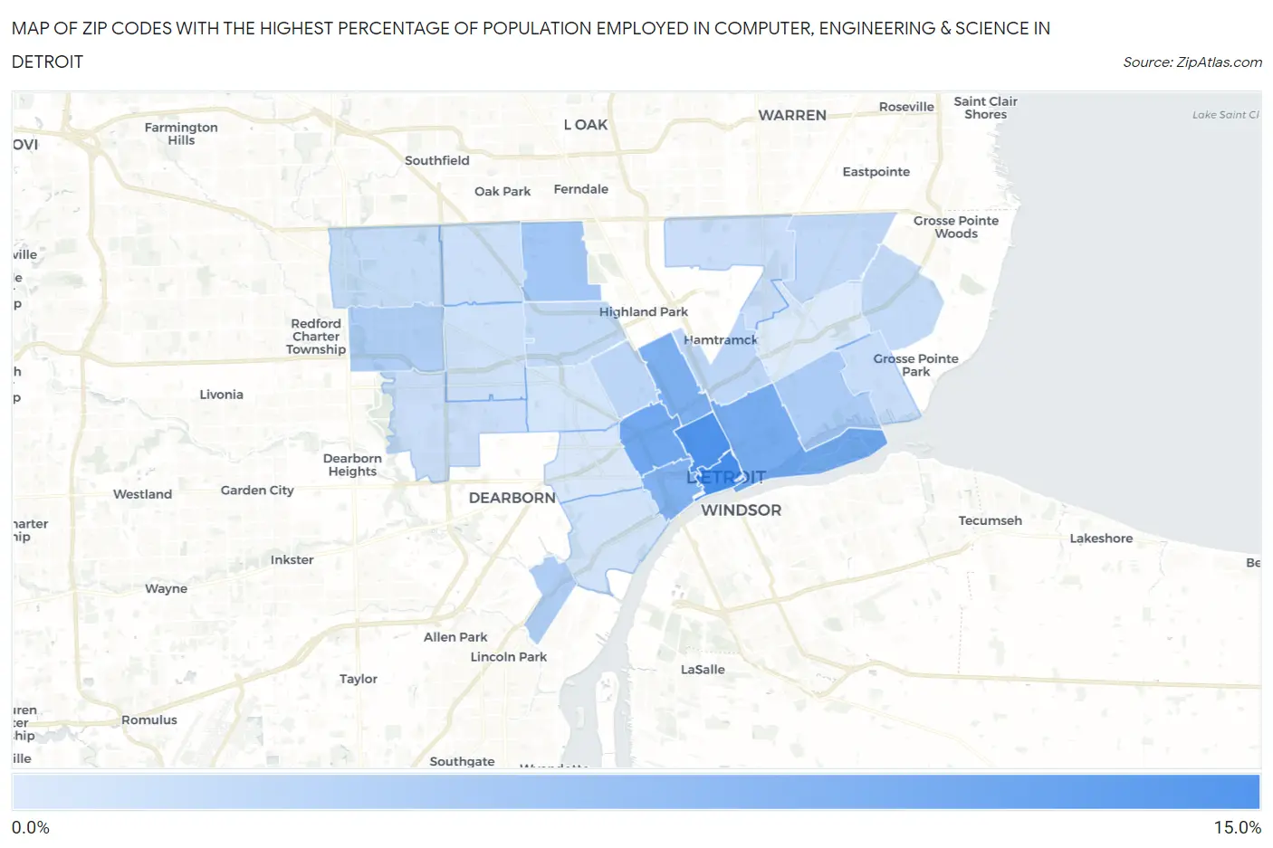 Zip Codes with the Highest Percentage of Population Employed in Computer, Engineering & Science in Detroit Map
