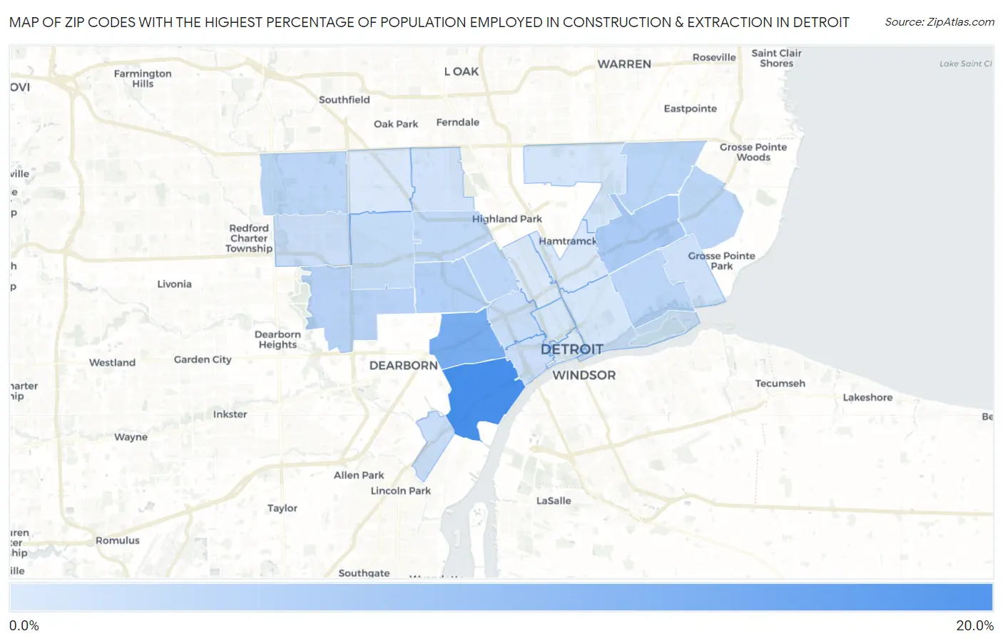 Zip Codes with the Highest Percentage of Population Employed in Construction & Extraction in Detroit Map