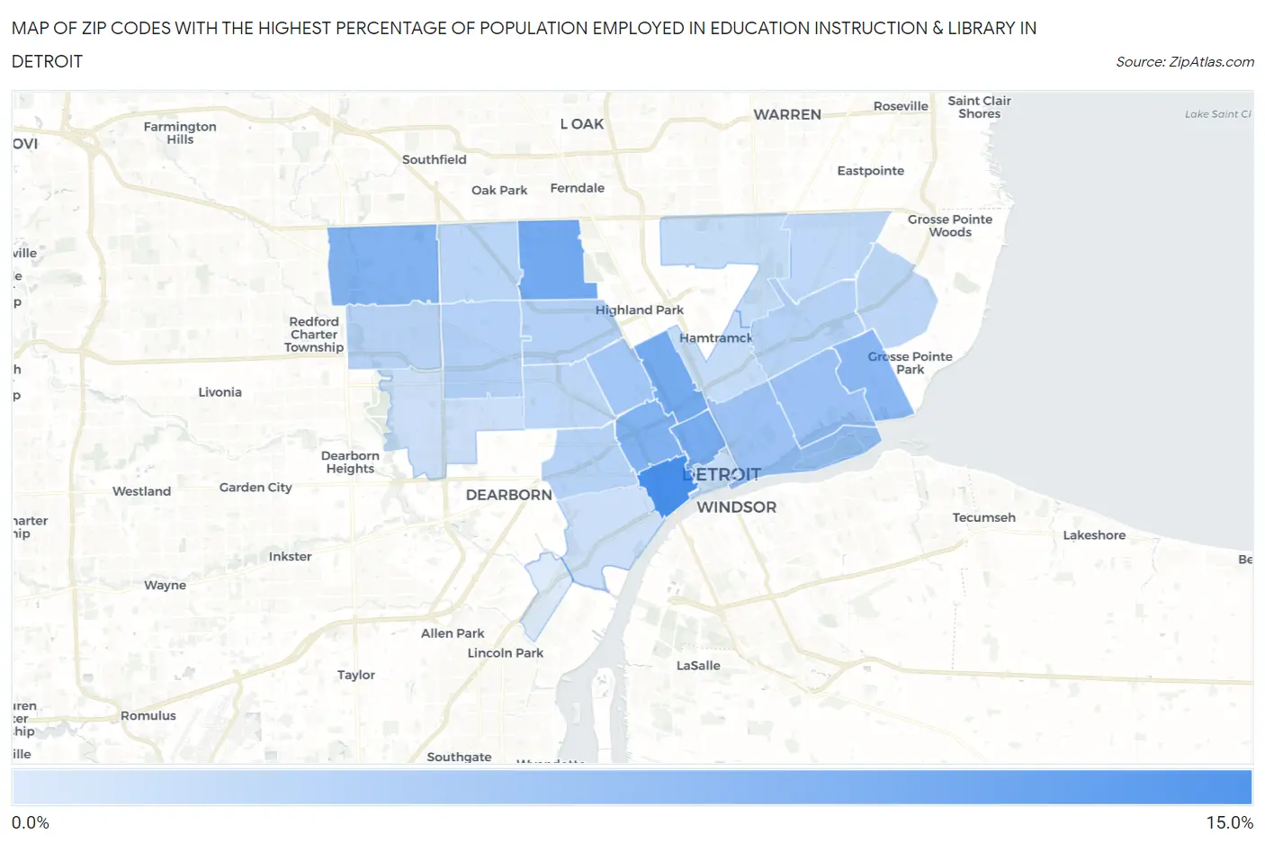 Zip Codes with the Highest Percentage of Population Employed in Education Instruction & Library in Detroit Map