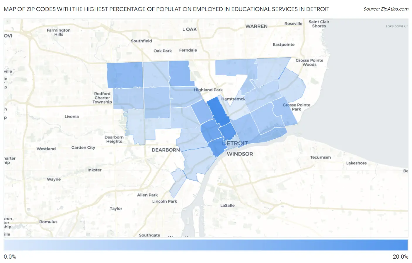Zip Codes with the Highest Percentage of Population Employed in Educational Services in Detroit Map