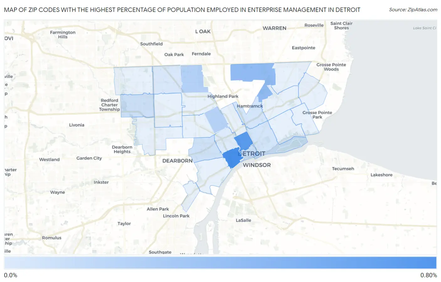 Zip Codes with the Highest Percentage of Population Employed in Enterprise Management in Detroit Map