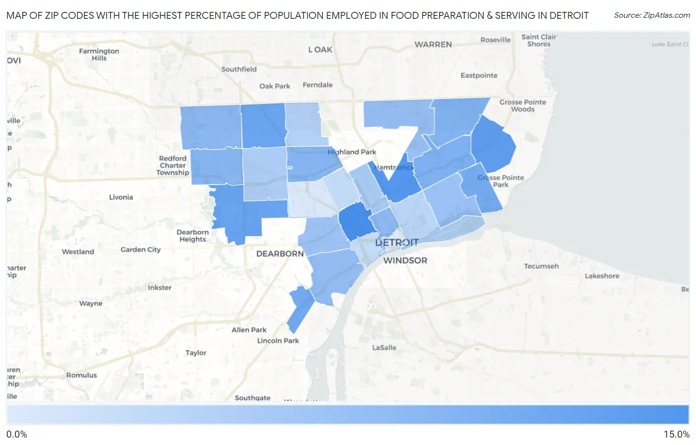 Zip Codes with the Highest Percentage of Population Employed in Food Preparation & Serving in Detroit Map