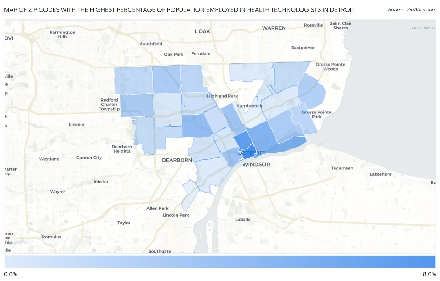 Zip Codes with the Highest Percentage of Population Employed in Health Technologists in Detroit Map