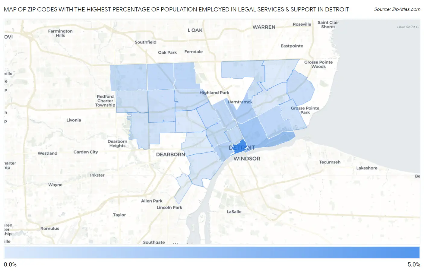 Zip Codes with the Highest Percentage of Population Employed in Legal Services & Support in Detroit Map