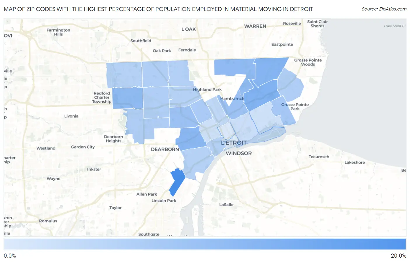 Zip Codes with the Highest Percentage of Population Employed in Material Moving in Detroit Map