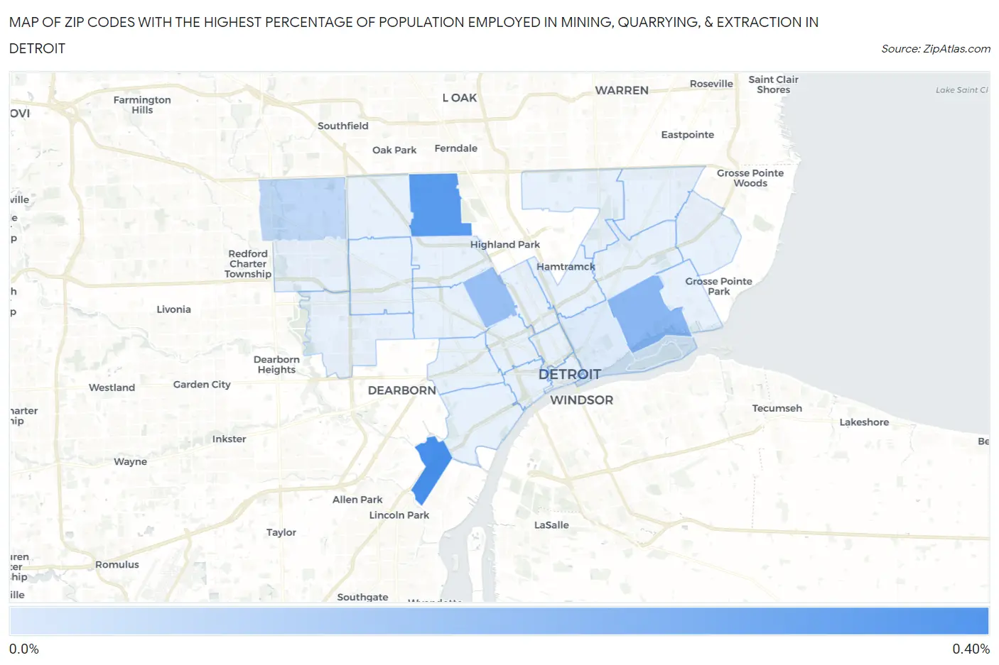 Zip Codes with the Highest Percentage of Population Employed in Mining, Quarrying, & Extraction in Detroit Map