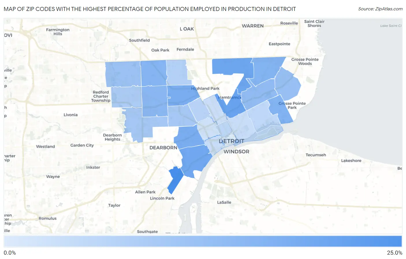 Zip Codes with the Highest Percentage of Population Employed in Production in Detroit Map