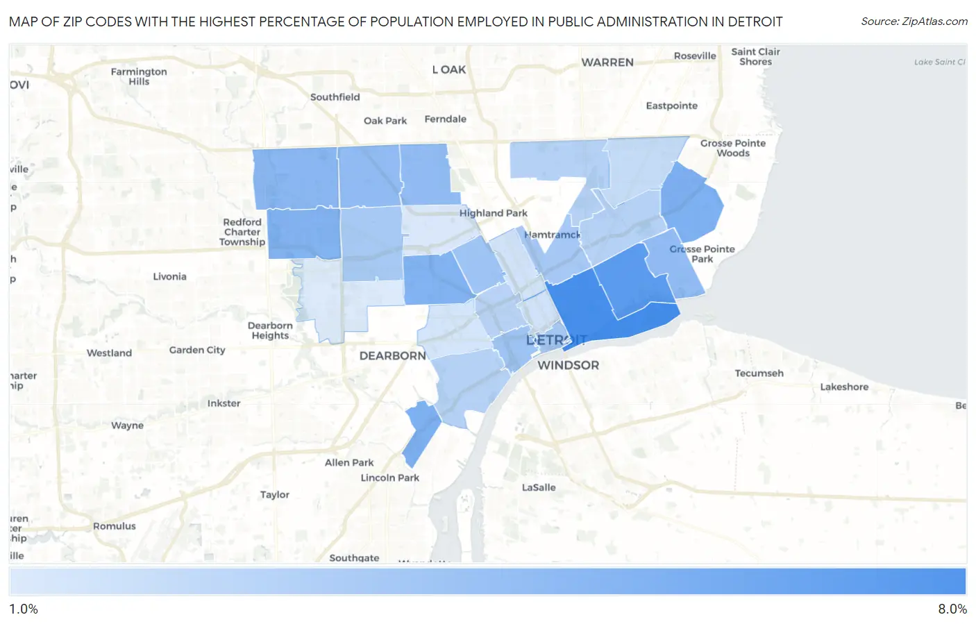 Zip Codes with the Highest Percentage of Population Employed in Public Administration in Detroit Map