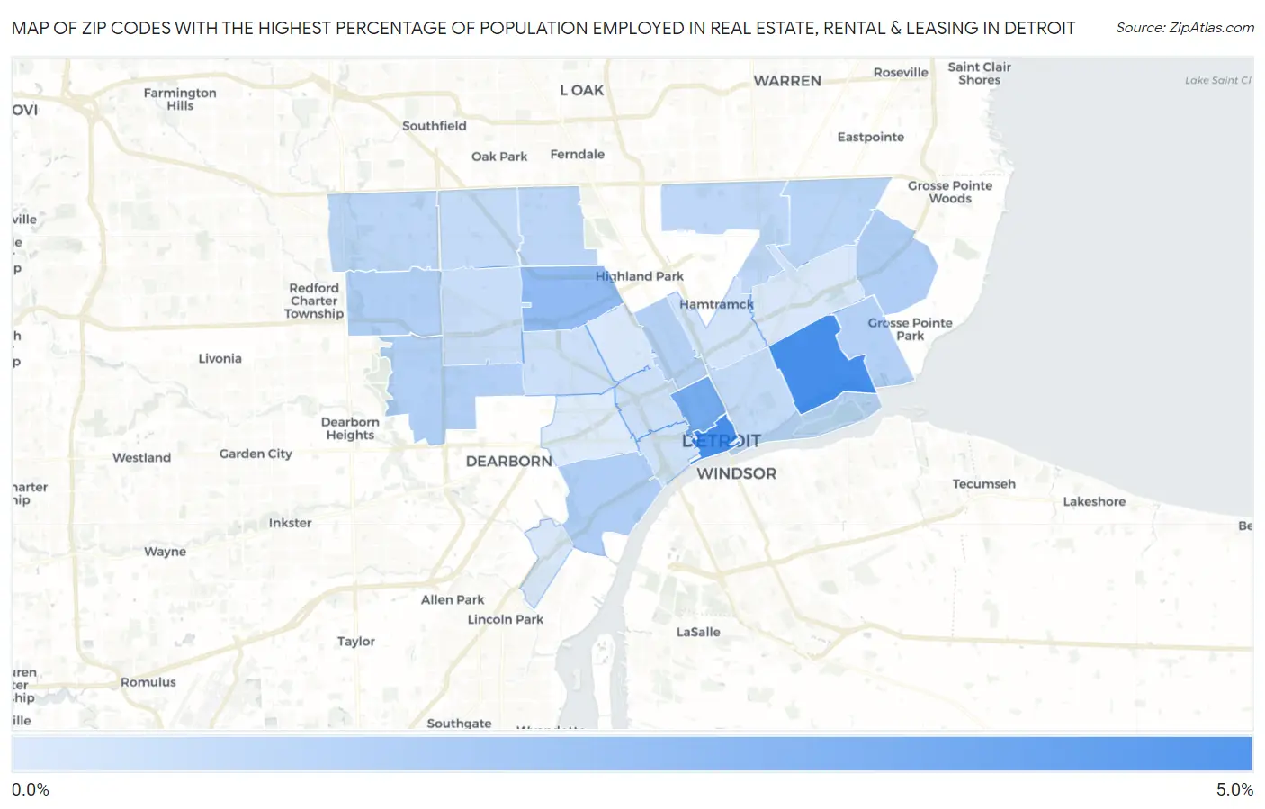 Zip Codes with the Highest Percentage of Population Employed in Real Estate, Rental & Leasing in Detroit Map