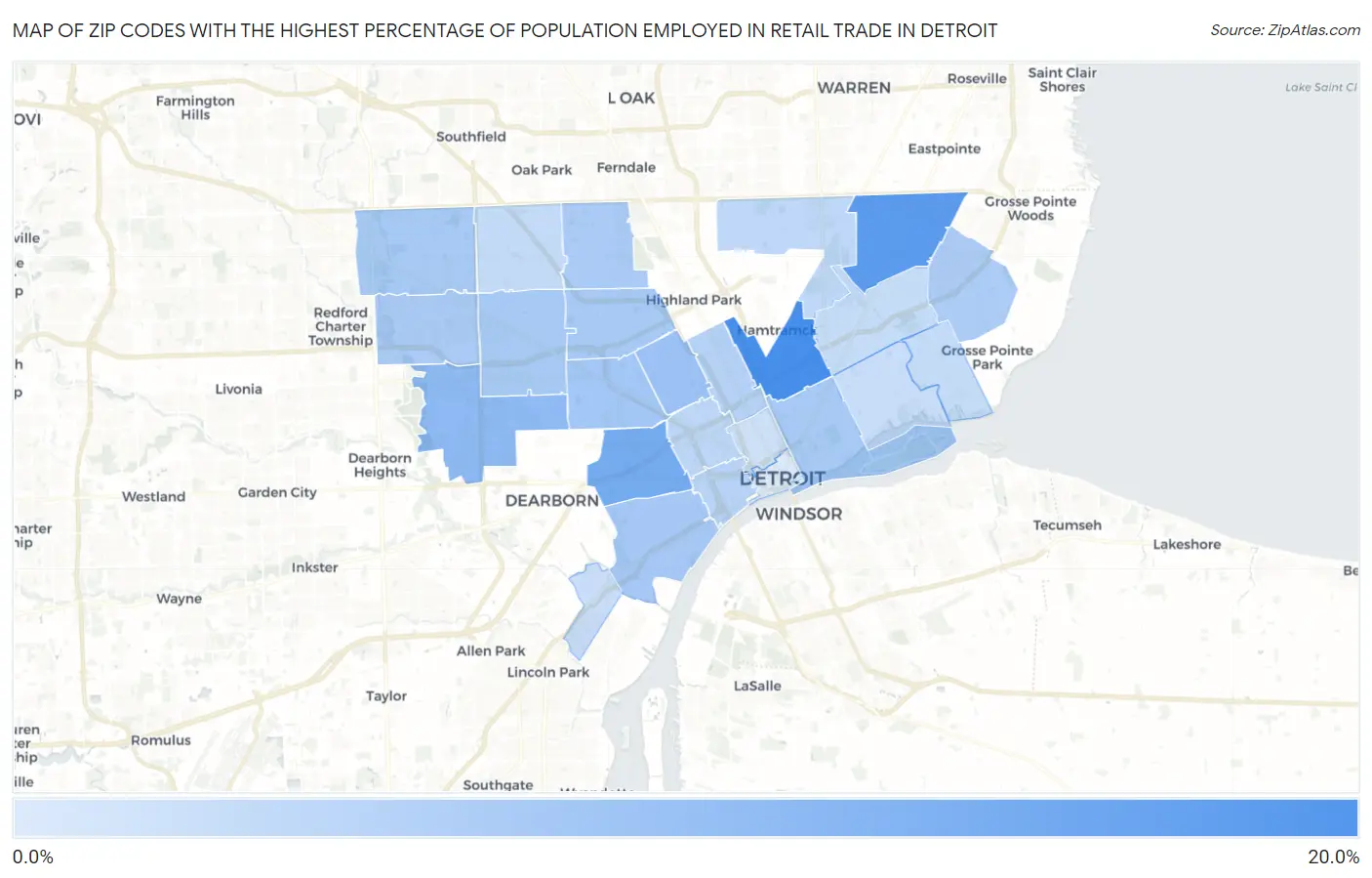 Zip Codes with the Highest Percentage of Population Employed in Retail Trade in Detroit Map