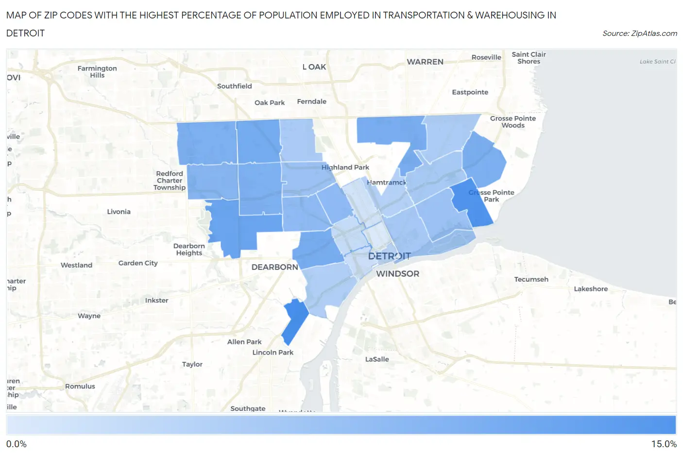 Zip Codes with the Highest Percentage of Population Employed in Transportation & Warehousing in Detroit Map