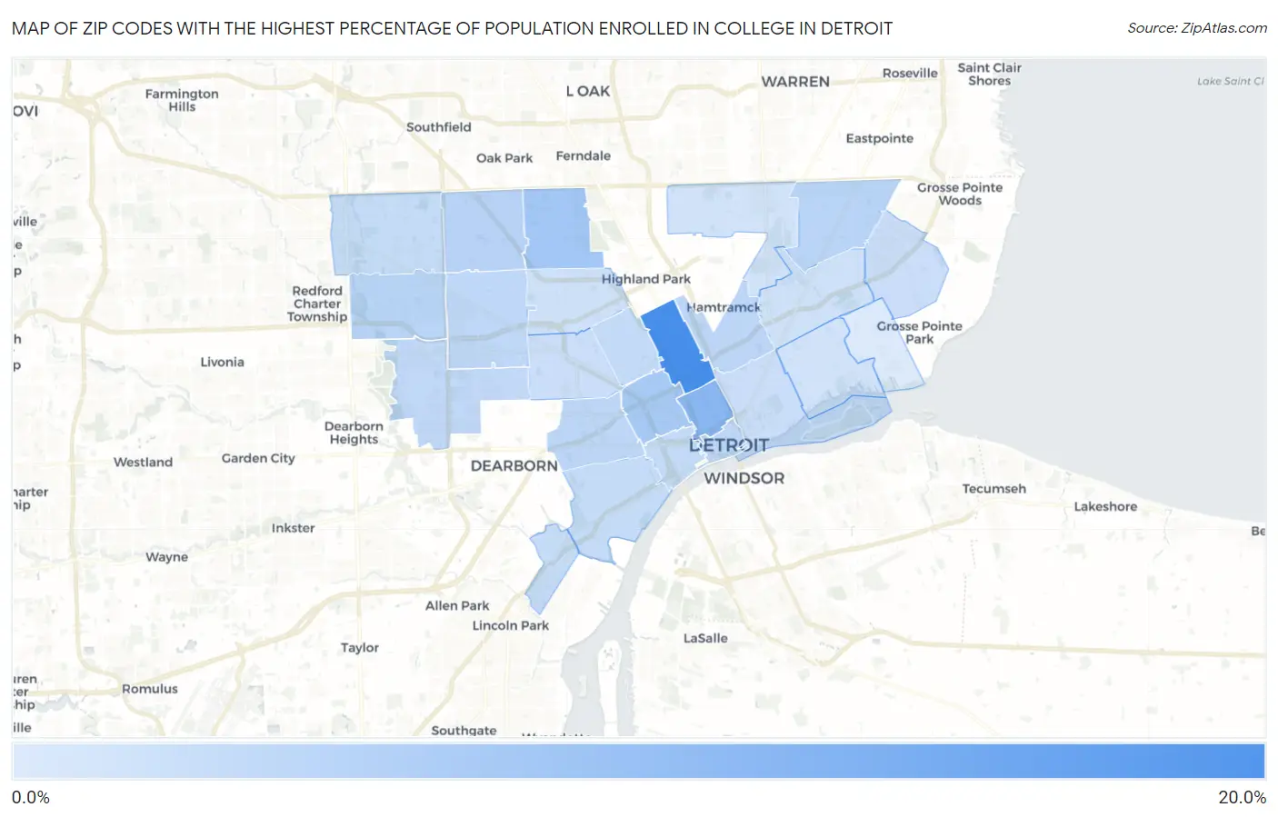 Zip Codes with the Highest Percentage of Population Enrolled in College in Detroit Map