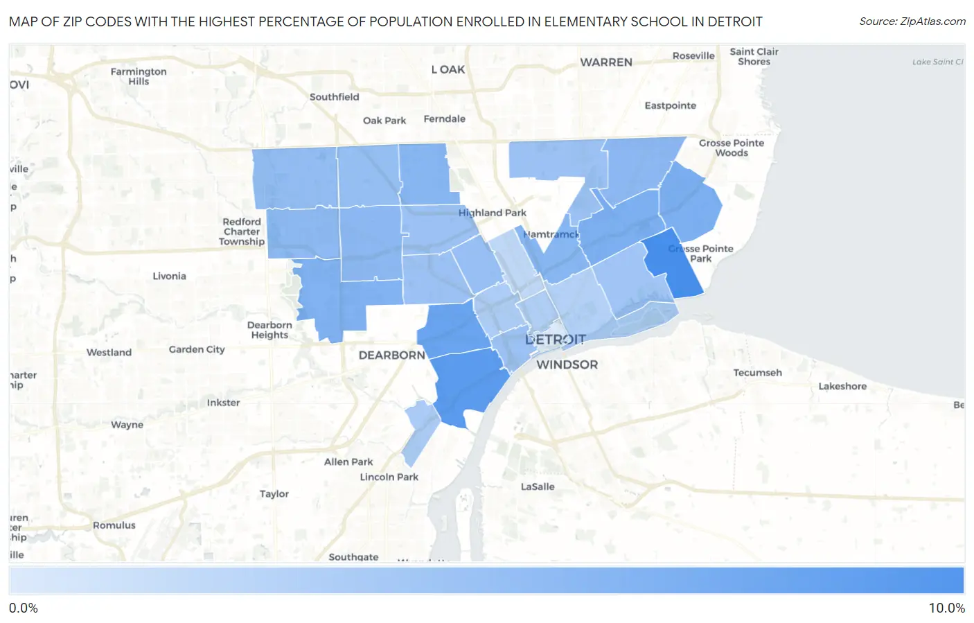 Zip Codes with the Highest Percentage of Population Enrolled in Elementary School in Detroit Map