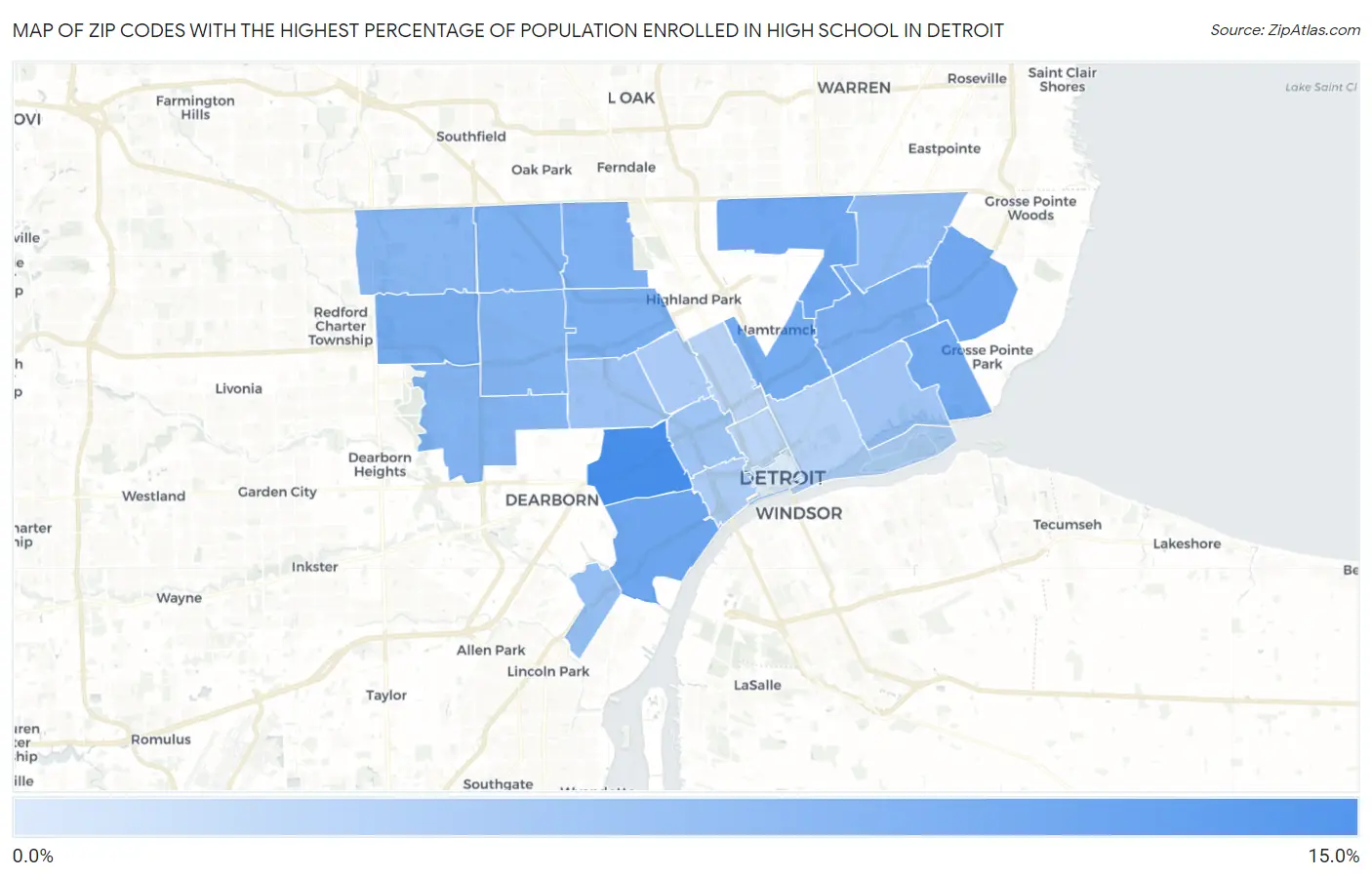 Zip Codes with the Highest Percentage of Population Enrolled in High School in Detroit Map