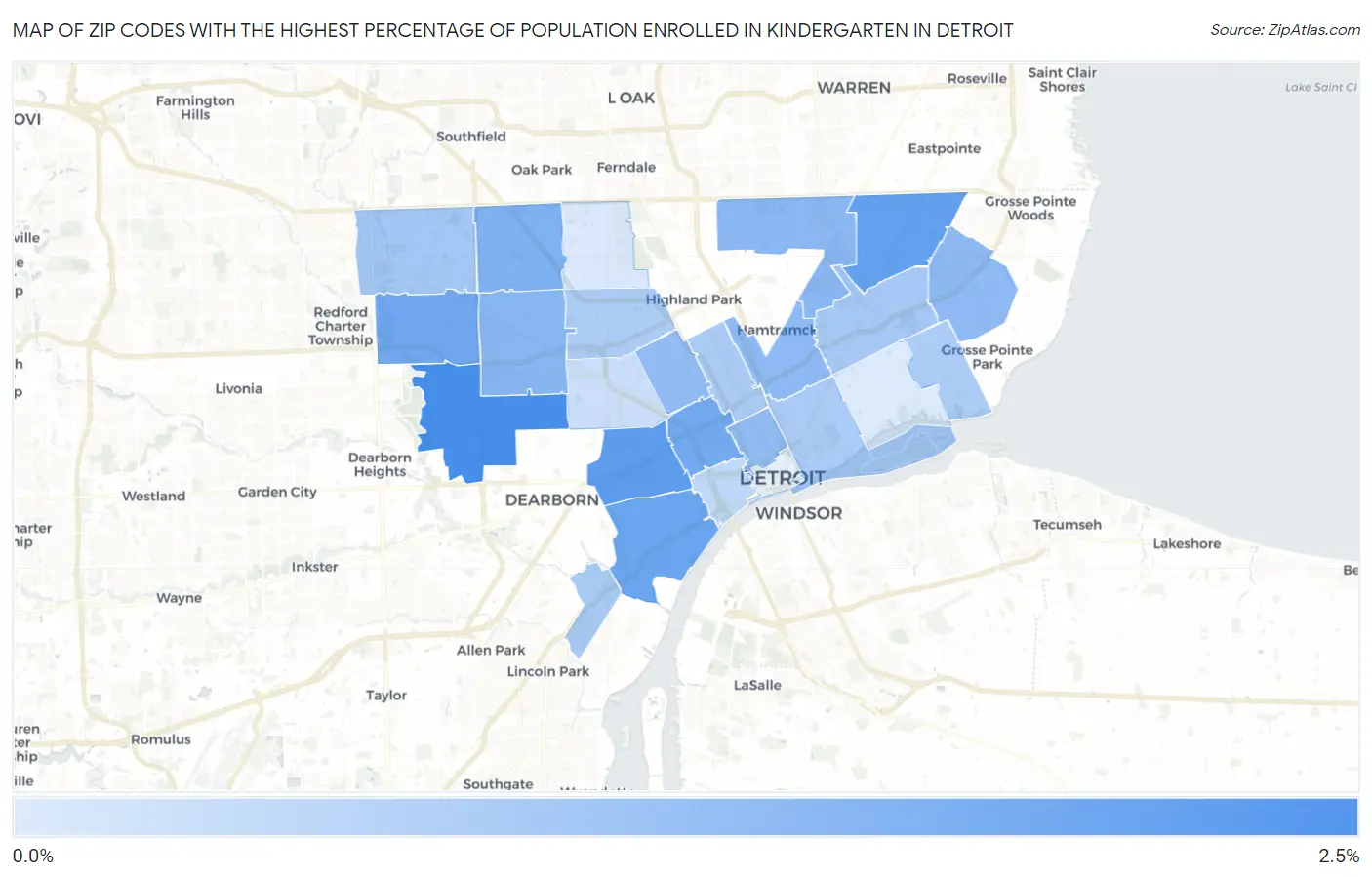 Zip Codes with the Highest Percentage of Population Enrolled in Kindergarten in Detroit Map