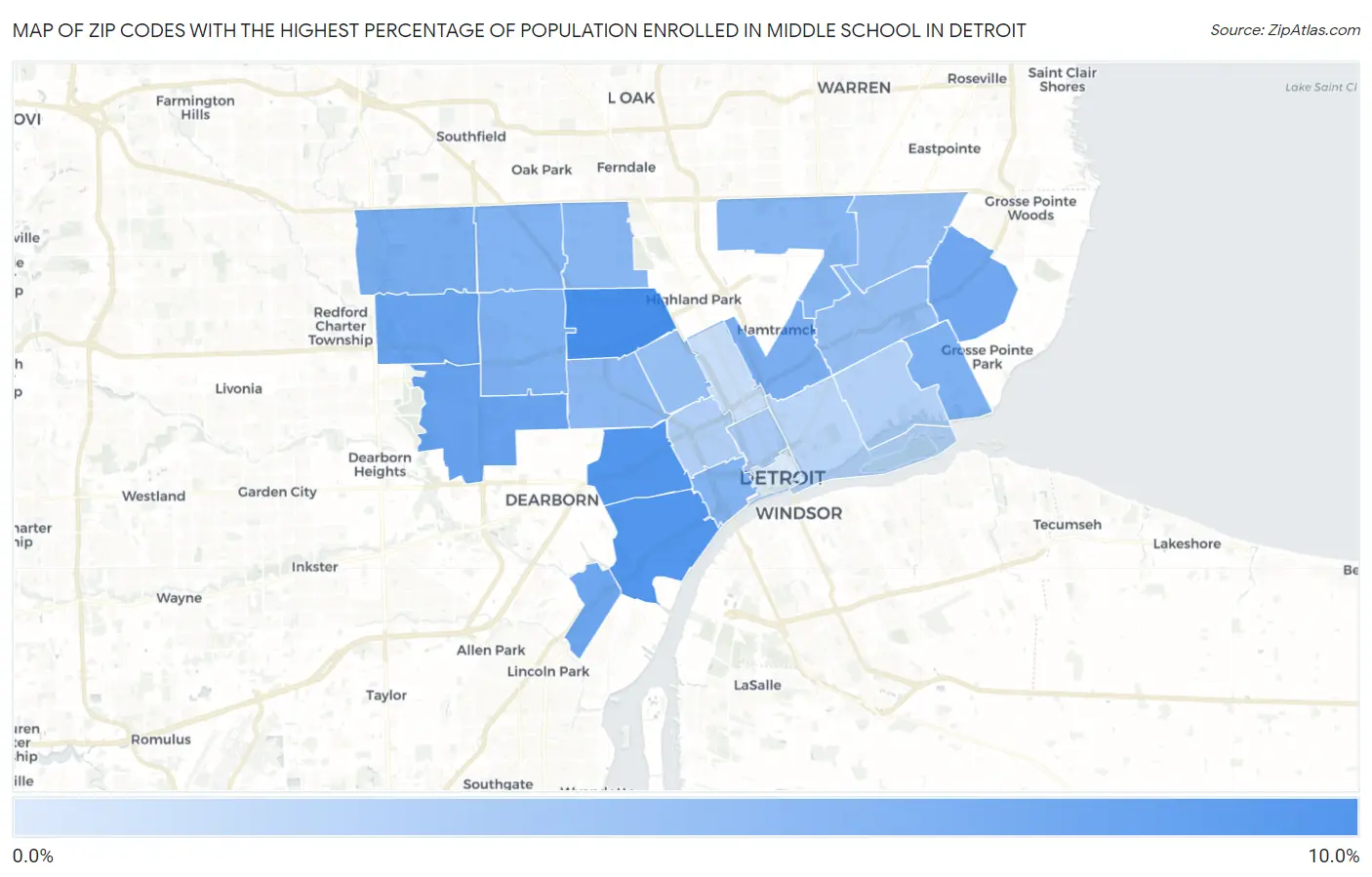 Zip Codes with the Highest Percentage of Population Enrolled in Middle School in Detroit Map