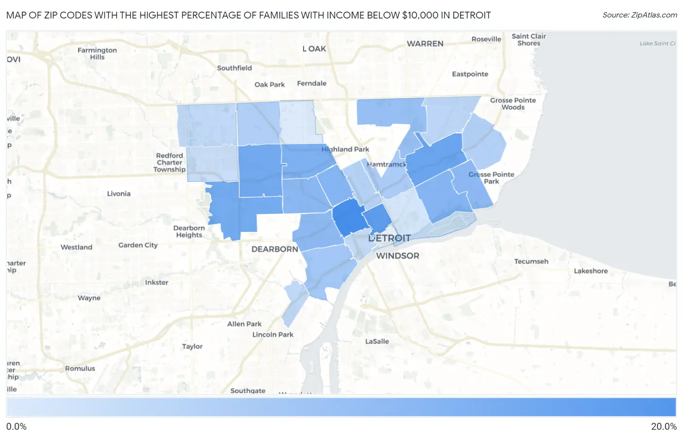 Zip Codes with the Highest Percentage of Families with Income Below $10,000 in Detroit Map