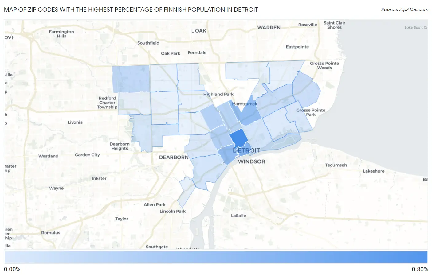 Zip Codes with the Highest Percentage of Finnish Population in Detroit Map