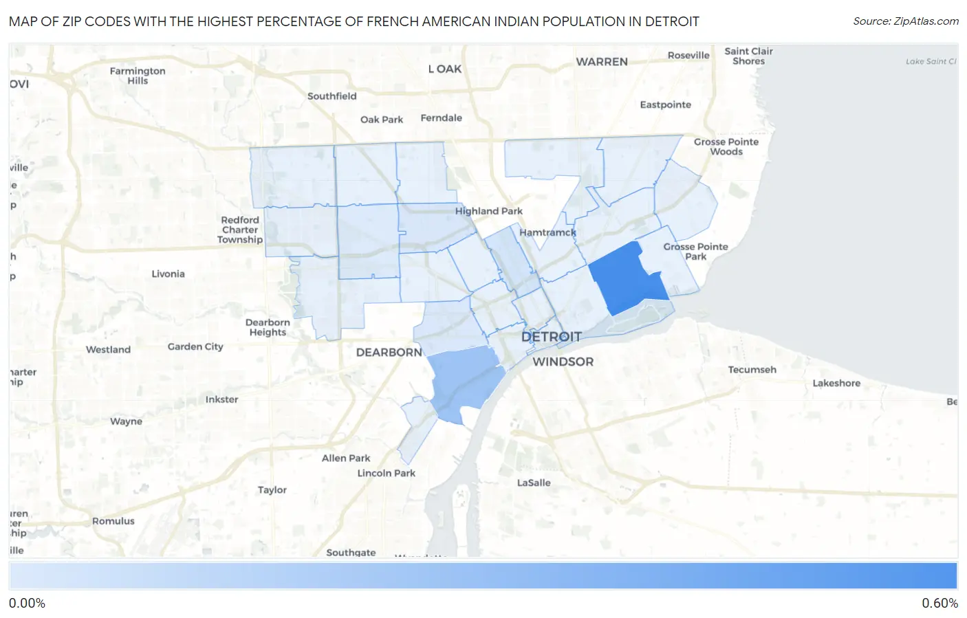 Zip Codes with the Highest Percentage of French American Indian Population in Detroit Map