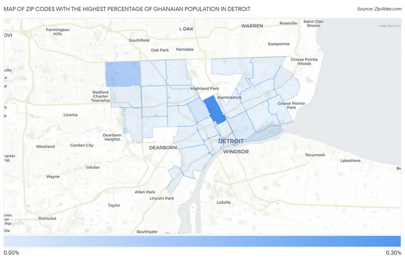 Zip Codes with the Highest Percentage of Ghanaian Population in Detroit Map