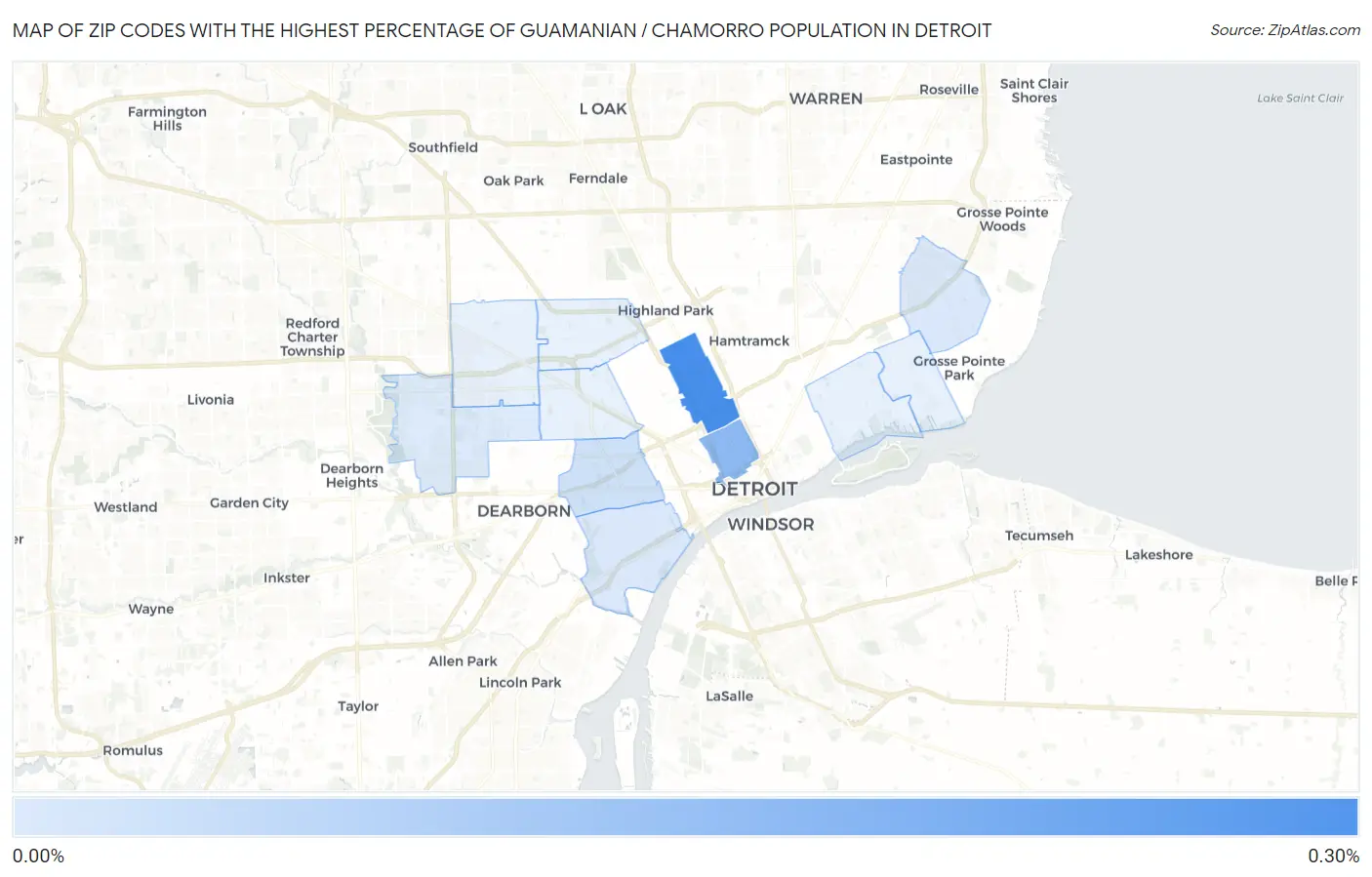 Zip Codes with the Highest Percentage of Guamanian / Chamorro Population in Detroit Map