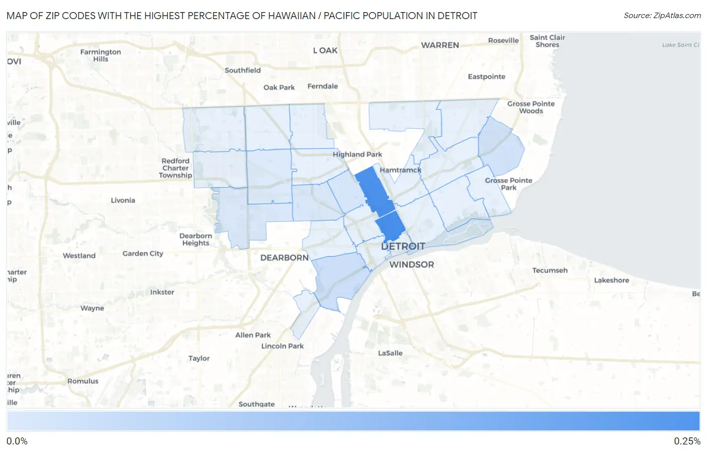 Zip Codes with the Highest Percentage of Hawaiian / Pacific Population in Detroit Map