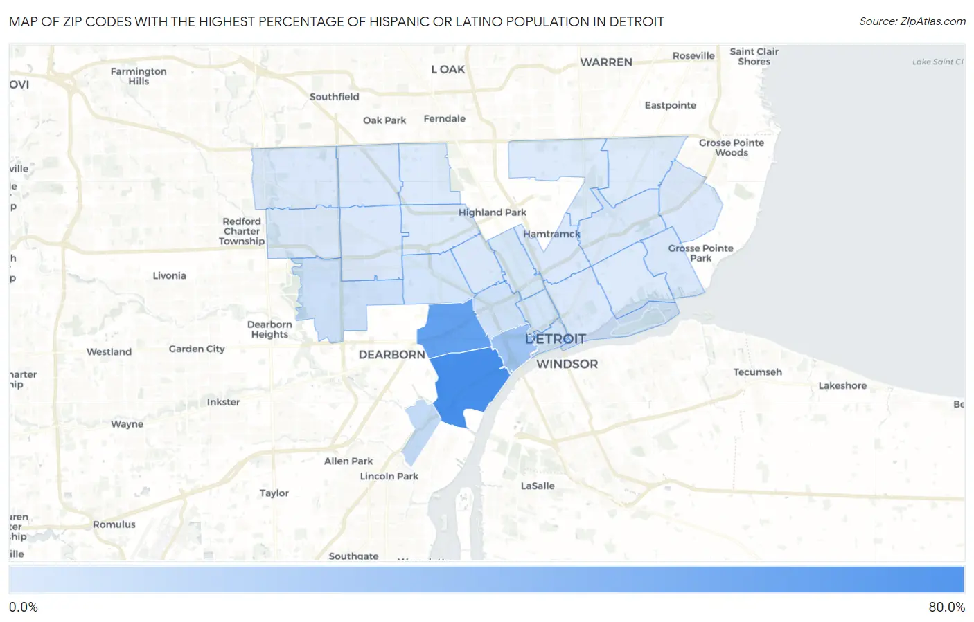 Zip Codes with the Highest Percentage of Hispanic or Latino Population in Detroit Map