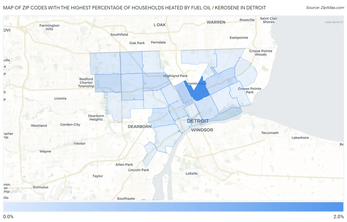 Zip Codes with the Highest Percentage of Households Heated by Fuel Oil / Kerosene in Detroit Map