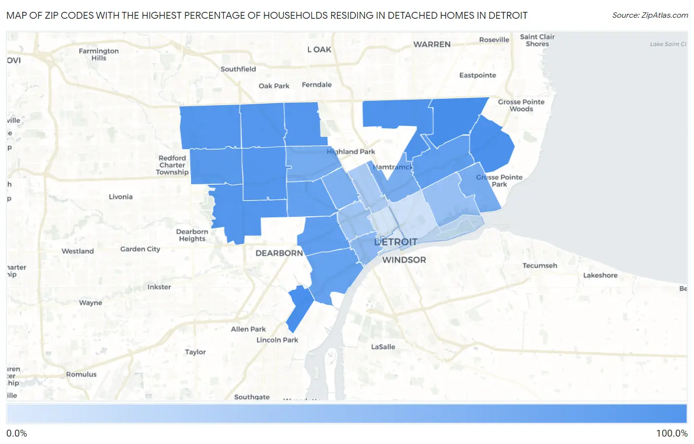 Zip Codes with the Highest Percentage of Households Residing in Detached Homes in Detroit Map