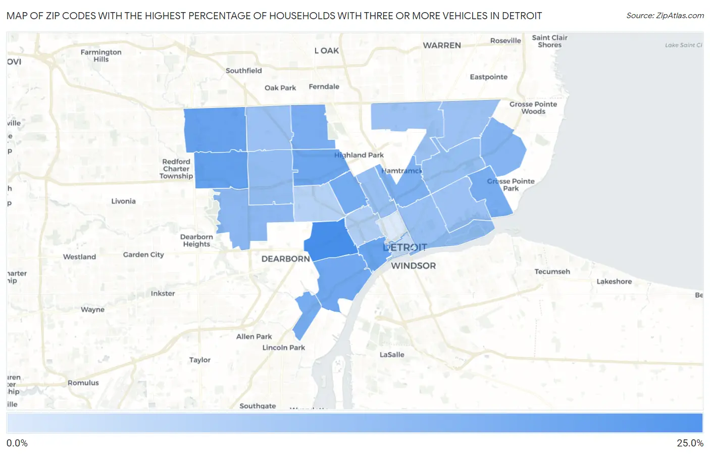 Zip Codes with the Highest Percentage of Households With Three or more Vehicles in Detroit Map