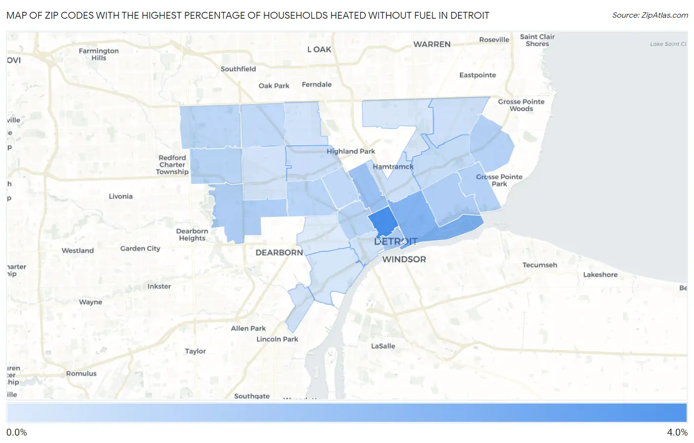 Zip Codes with the Highest Percentage of Households Heated without Fuel in Detroit Map
