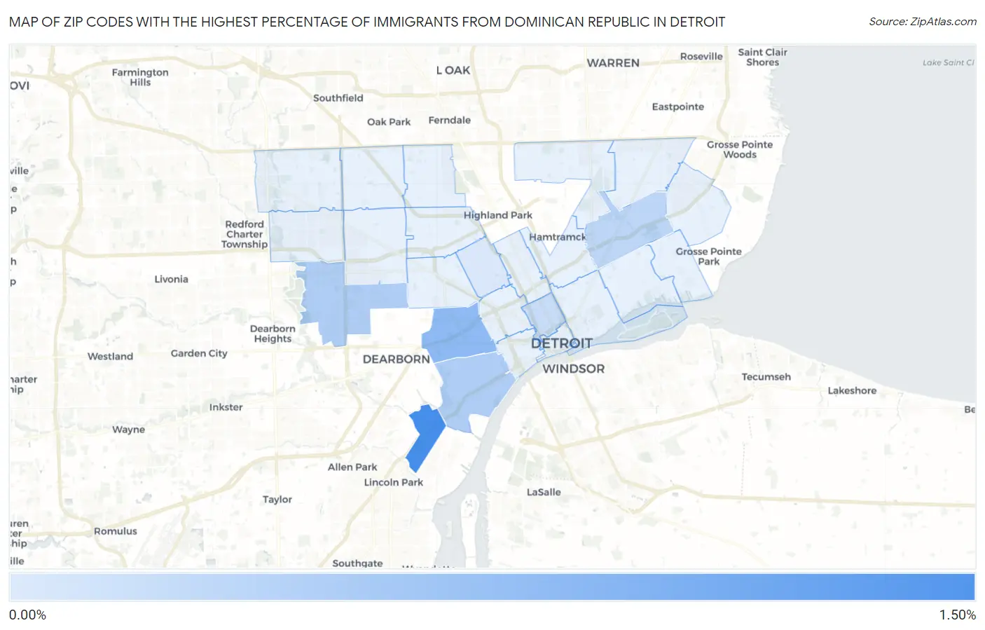 Zip Codes with the Highest Percentage of Immigrants from Dominican Republic in Detroit Map