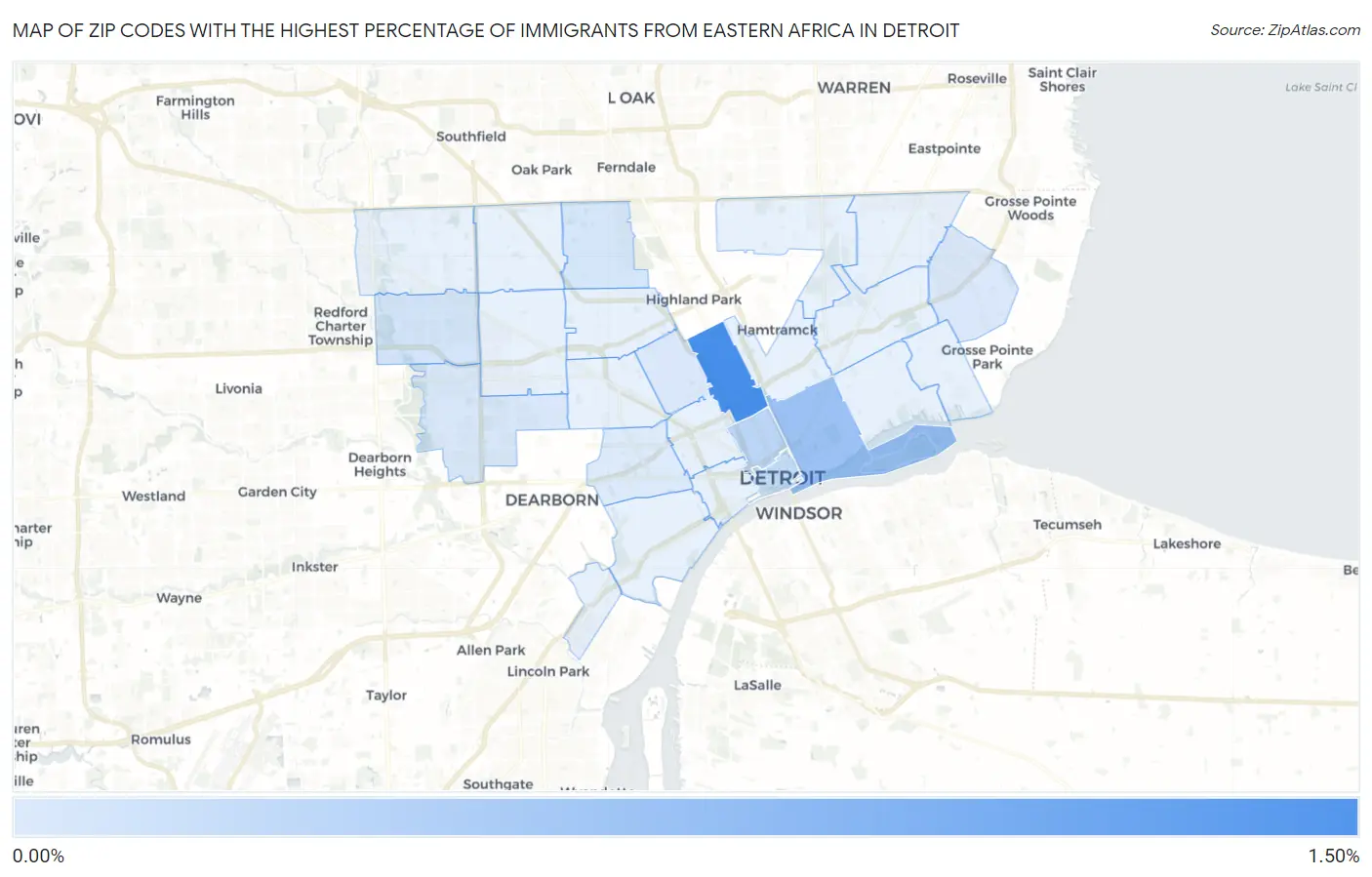Zip Codes with the Highest Percentage of Immigrants from Eastern Africa in Detroit Map