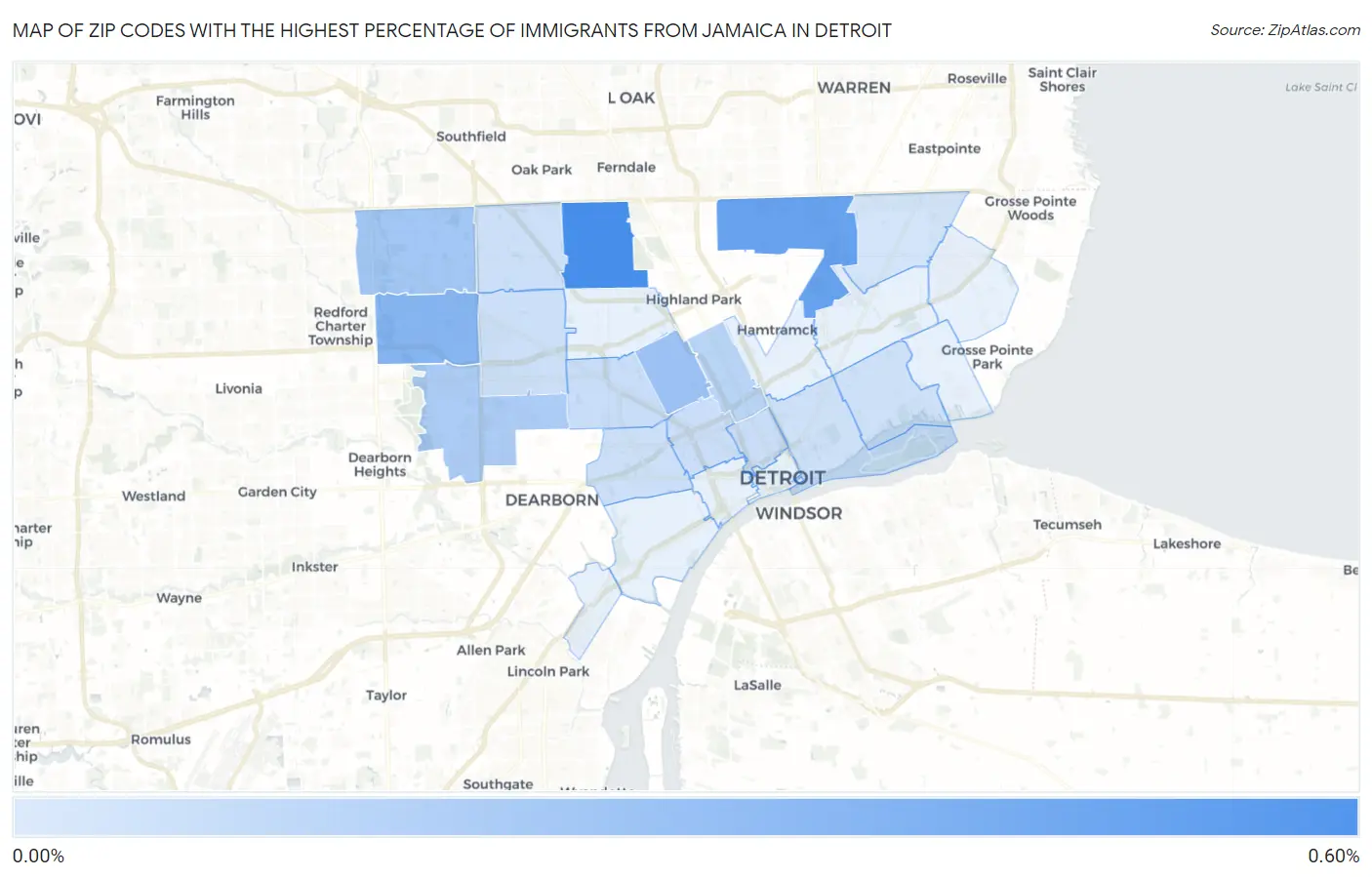 Zip Codes with the Highest Percentage of Immigrants from Jamaica in Detroit Map