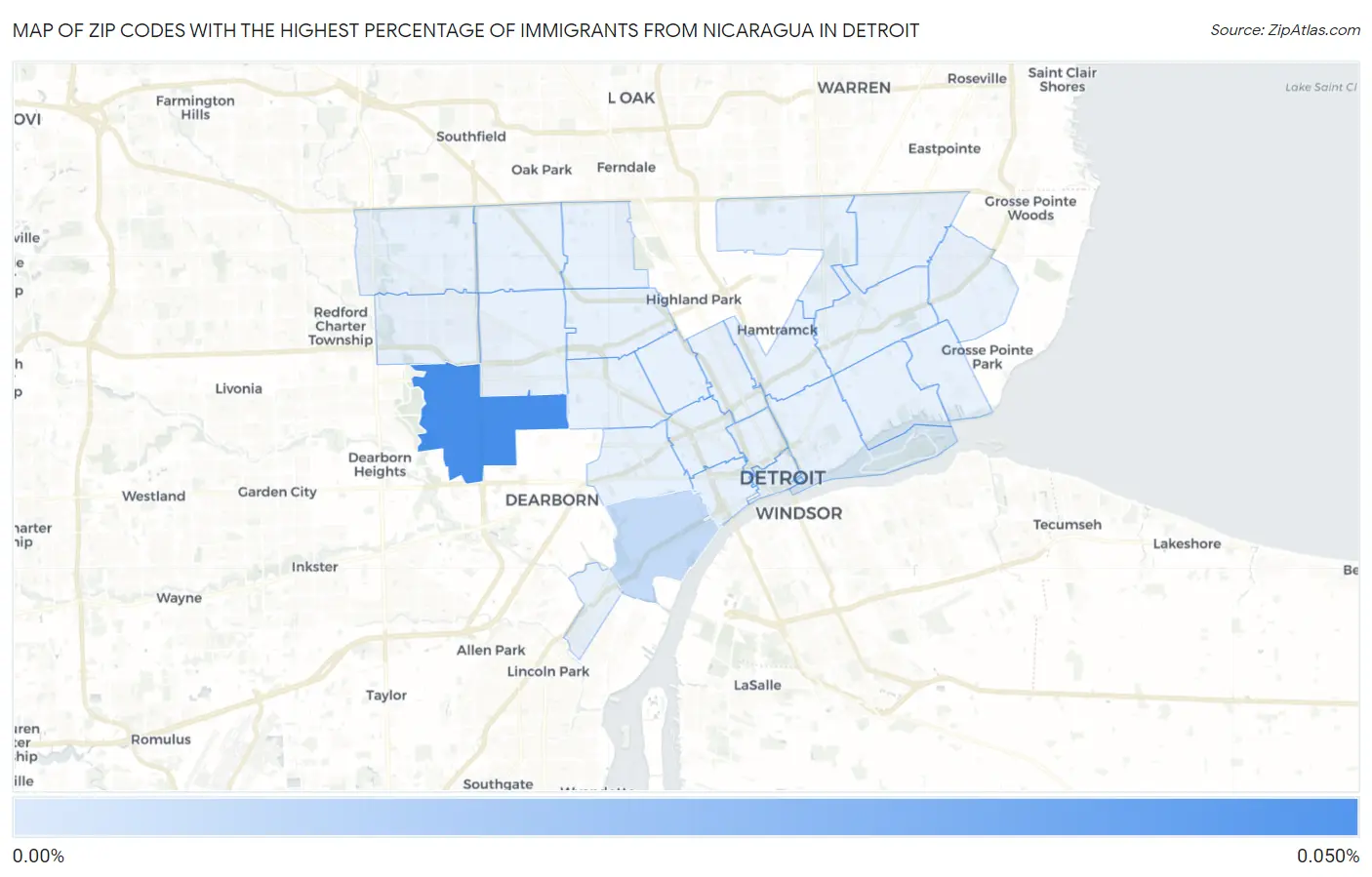 Zip Codes with the Highest Percentage of Immigrants from Nicaragua in Detroit Map