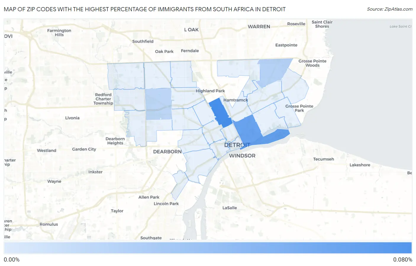 Zip Codes with the Highest Percentage of Immigrants from South Africa in Detroit Map
