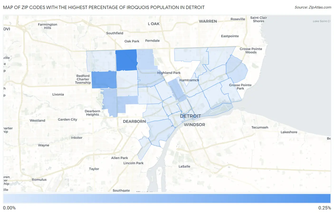 Zip Codes with the Highest Percentage of Iroquois Population in Detroit Map