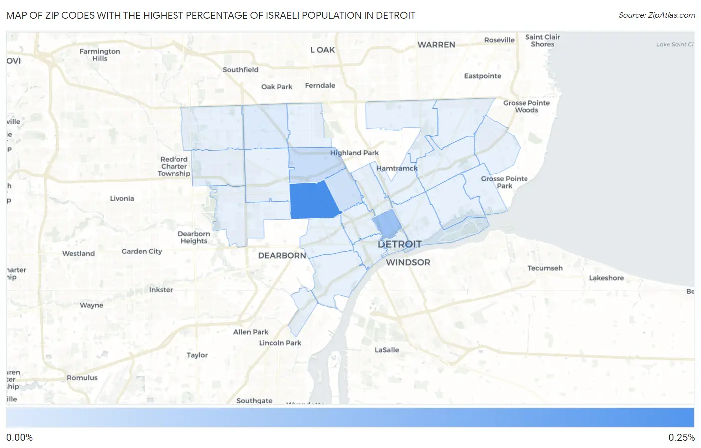 Zip Codes with the Highest Percentage of Israeli Population in Detroit Map