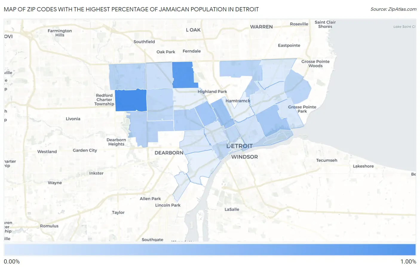 Zip Codes with the Highest Percentage of Jamaican Population in Detroit Map